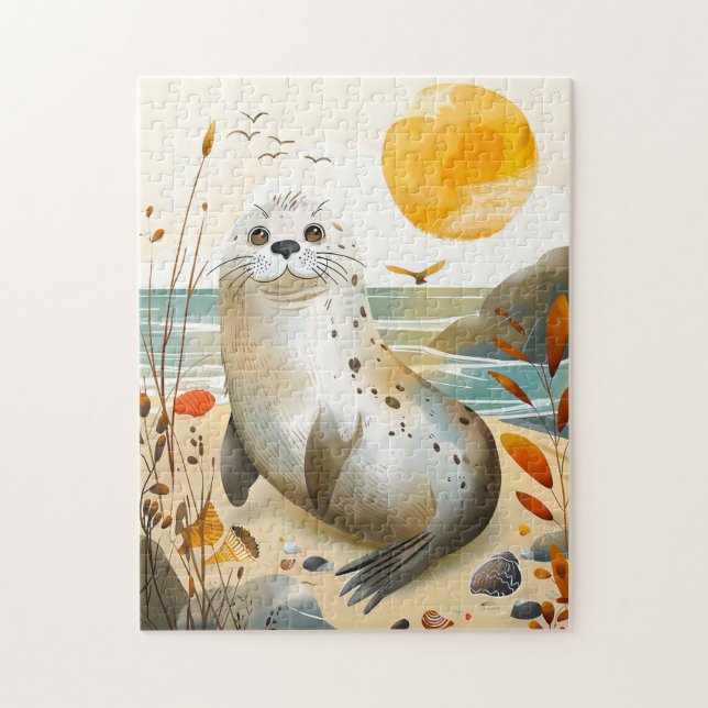 Puzzle Sceau de dessin animé Relaxant sur le rocher (Vertical)