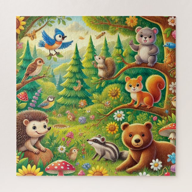 Puzzle Scène boisée, conception d'animaux de forêt mignon (Vertical)