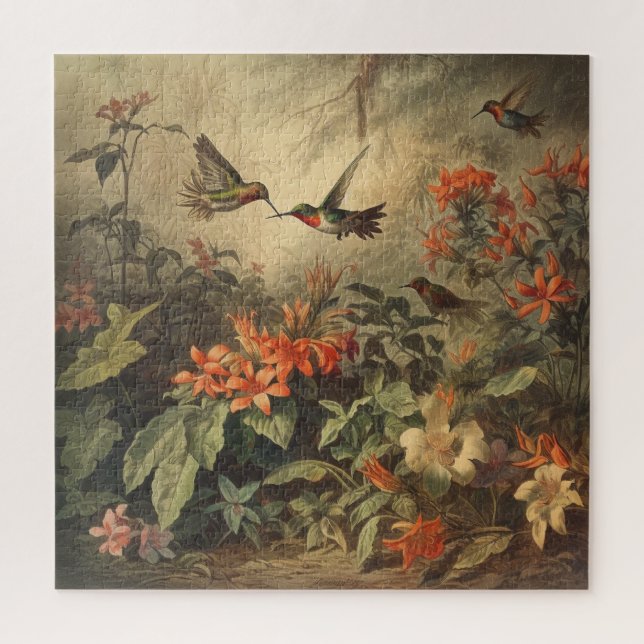 Puzzle Scène botanique vintage colibris et fleurs (Vertical)