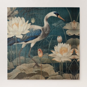 Puzzle Scène botanique vintage grue bleue et lotus