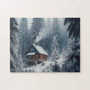 Puzzle Scène Cabine d'hiver avec neige et pins