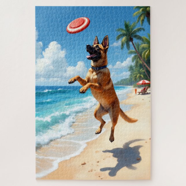 Puzzle Scène d'action de Malinois belge sur la plage (Vertical)