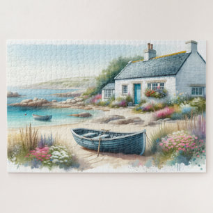 Puzzle Scène de bord de mer à l'aquarelle de cottage côti