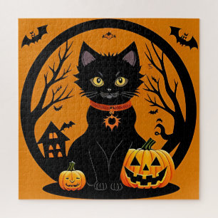Puzzle Scène de chat noir Halloween Jack O Lantern