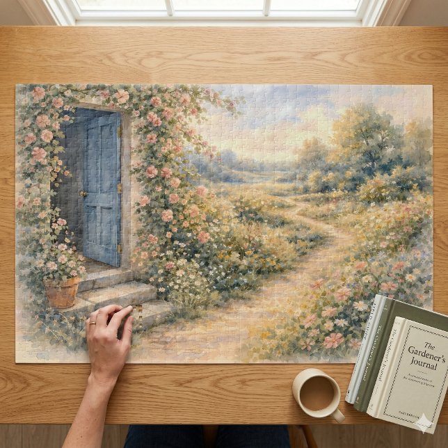 Puzzle Scène de chemin fleuri à la porte bleue du jardin  (Cottage Garden Blue Door Floral Path Scene Jigsaw Puzzle)