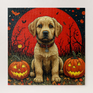 Puzzle Scène de chiot Golden Retriever Halloween Citrouil