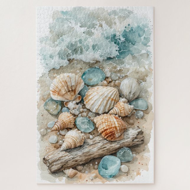 Puzzle Scène de coquillages côtiers à l'aquarelle et bois (Vertical)