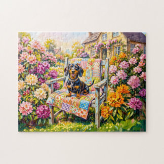Puzzle Scène de dachshund assis sur un banc de jardin flo