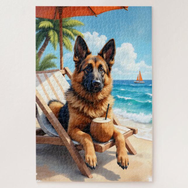 Puzzle Scène de détente de Berger belge sur la plage (Vertical)