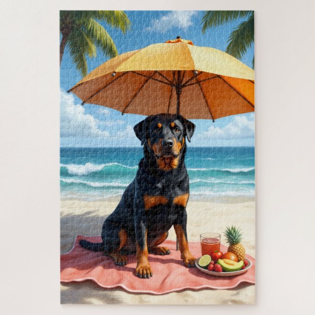 Puzzle Scène de détente de Rottweiler à la plage (Vertical)