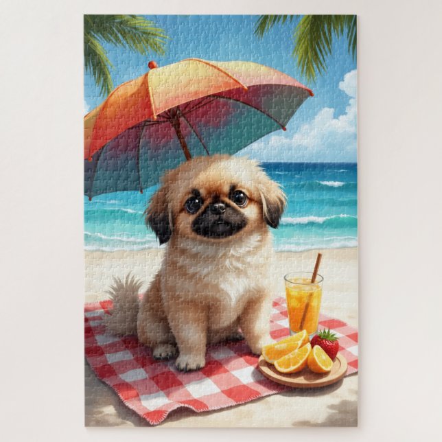 Puzzle Scène de détente sur la plage avec un Pékinois (Vertical)