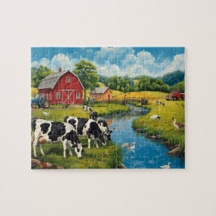 Puzzle Scène de ferme classique Vaches Grange rouge