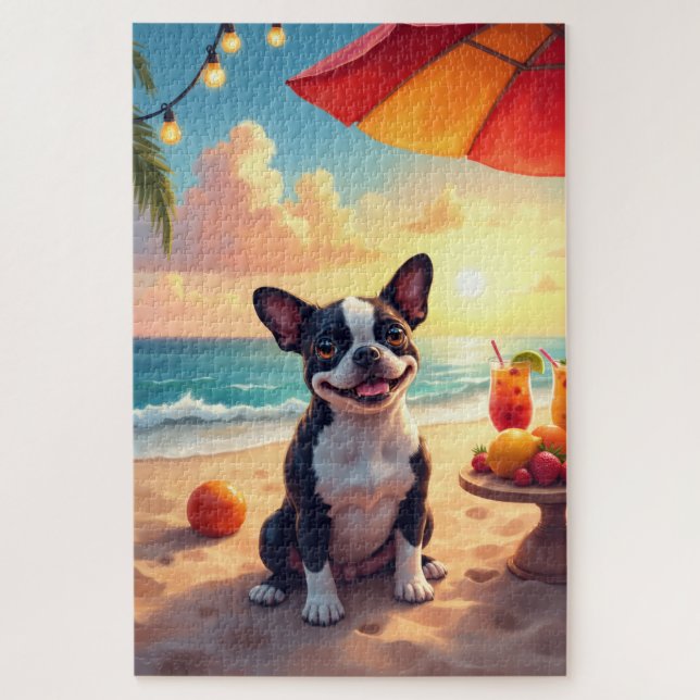 Puzzle Scène de fête sur la plage avec un Boston Terrier (Vertical)