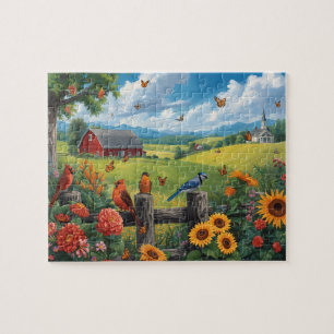 Puzzle Scène de grange rouge avec oiseaux et tournesols v