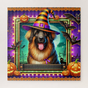 Puzzle Scène de Halloween avec un chien sorcière heureux