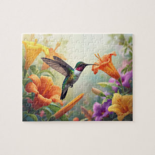 Puzzle Scène de jardin avec colibri et lis orange