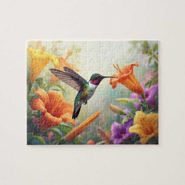 Puzzle Scène de jardin avec colibri et lis orange (Horizontal)