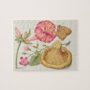 Puzzle Scène de jardin avec fleurs, papillon et champigno