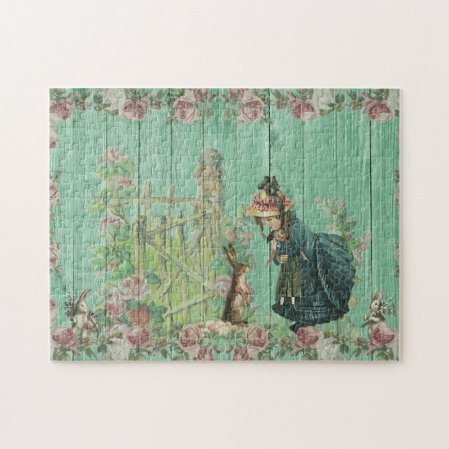 Puzzle Scène de lapin de Pâques vintage peint (Horizontal)