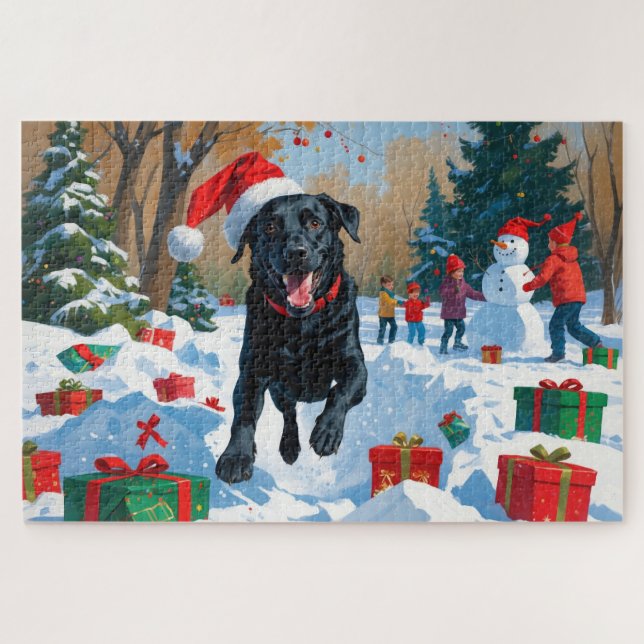 Puzzle Scène de neige festive de Noël avec Labrador noir  (Horizontal)