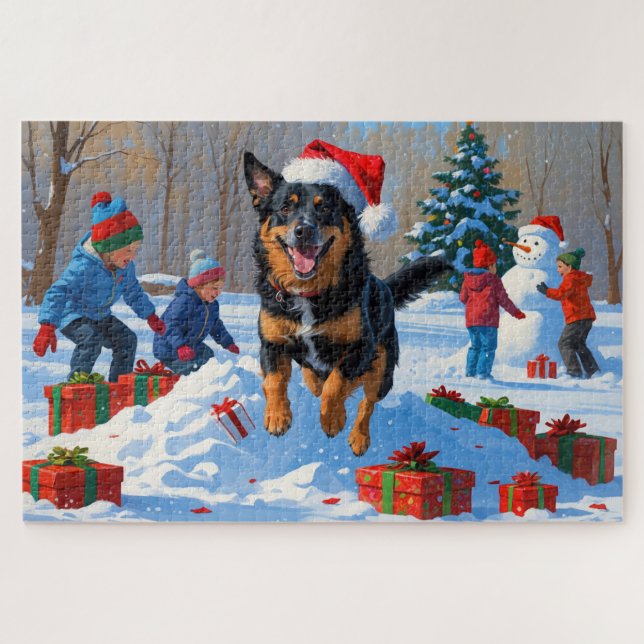 Puzzle Scène de neige festive de Noël avec Malinois belge (Horizontal)