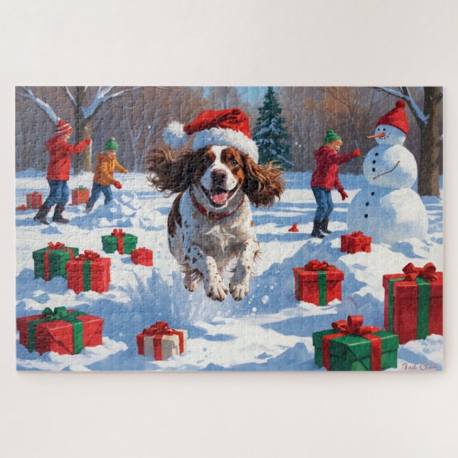 Puzzle Scène de neige festive de Noël avec un Brittany Sp (Horizontal)
