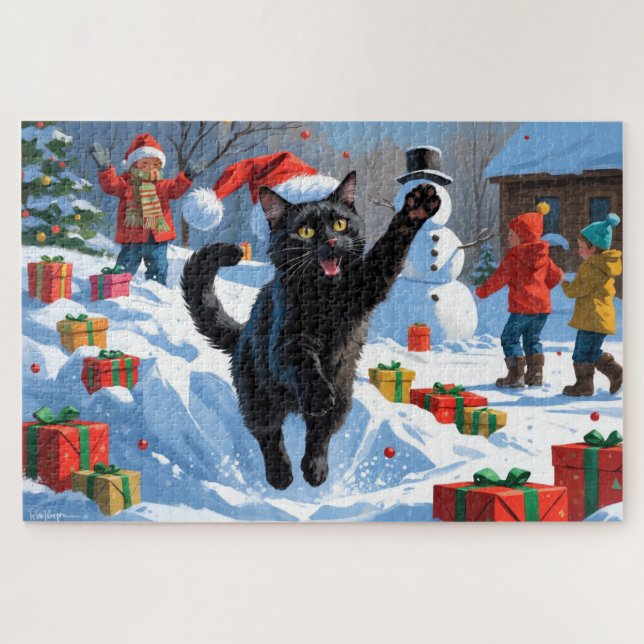 Puzzle Scène de neige festive de Noël Black Cat (Horizontal)