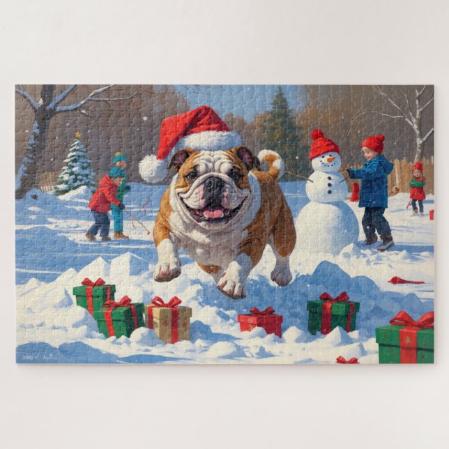 Puzzle Scène de neige festive de Noël Bulldog (Horizontal)
