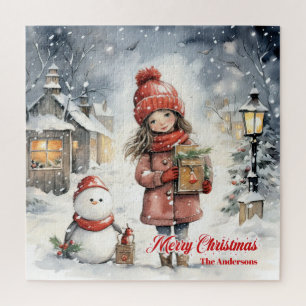 Puzzle Scène de Noël avec petite fille bonhomme de neige
