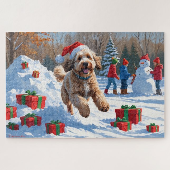 Puzzle Scène de Noël enneigée avec un Bernedoodle festif (Horizontal)