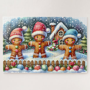 Puzzle Scène de Noël enneigée avec une famille en pain d'