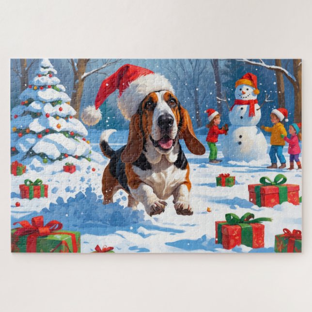 Puzzle Scène de Noël festive avec Basset Hound dans la ne (Horizontal)
