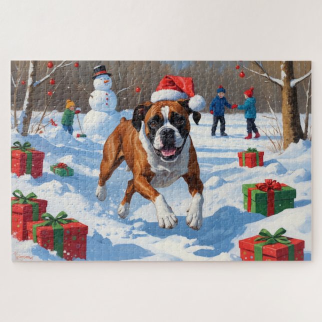 Puzzle Scène de Noël festive avec un Boxer dans la neige (Horizontal)