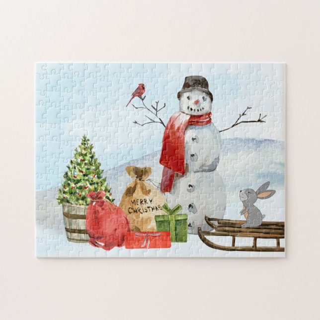 Puzzle Scène de Noël rustique Snowman, neige, arbre (Horizontal)