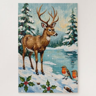 Puzzle Scène de Noël vintage avec cerf et rouges-gorges