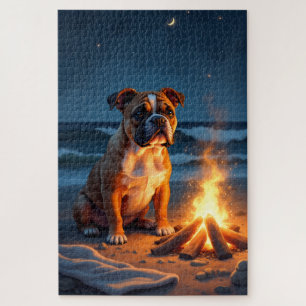 Puzzle Scène de nuit de feu de joie Bulldog sur la plage