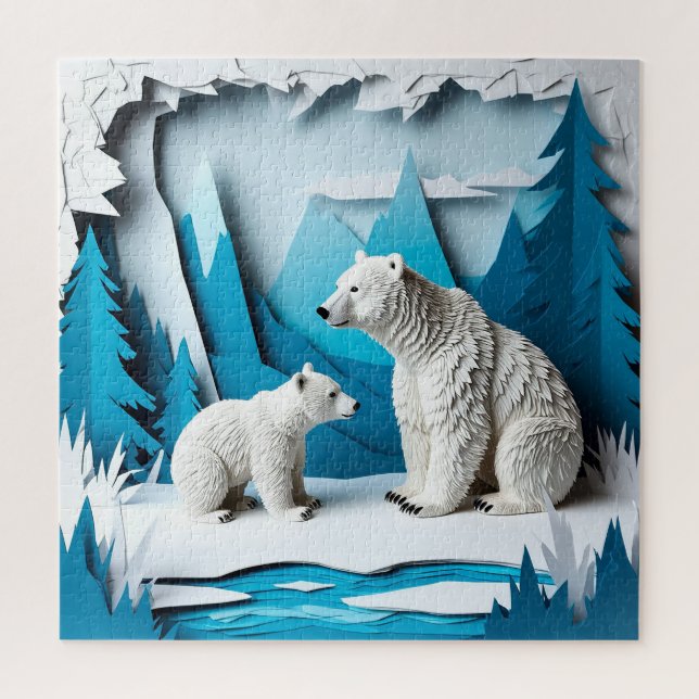 Puzzle Scène de papercraft d'ours polaires dans une forêt (Vertical)