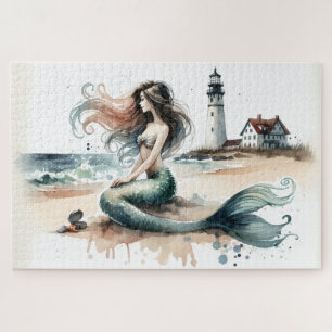 Puzzle Scène de phare de sirène à l'aquarelle côtière