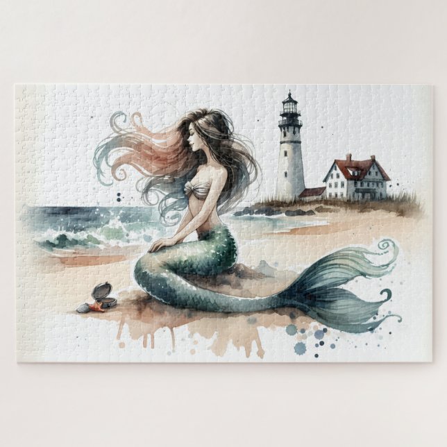 Puzzle Scène de phare de sirène à l'aquarelle côtière (Horizontal)