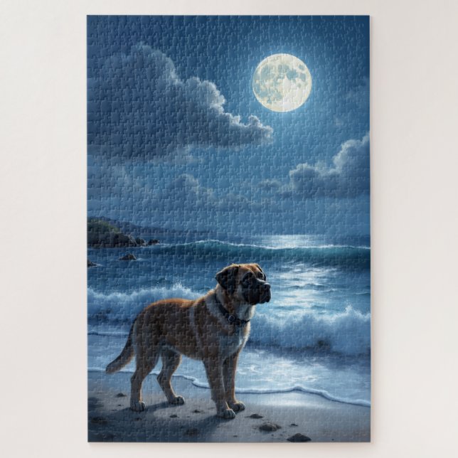 Puzzle Scène de plage au clair de lune avec un Bullmastif (Vertical)