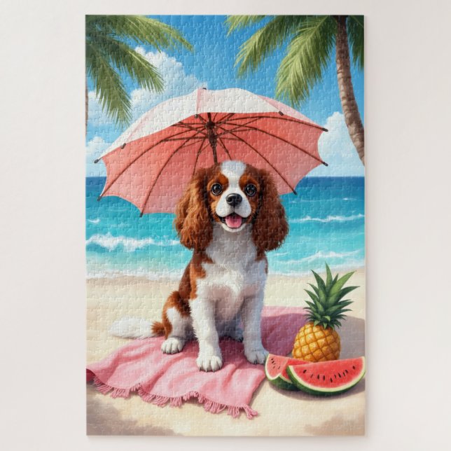 Puzzle Scène de plage avec Cavalier King Charles Spaniel (Vertical)