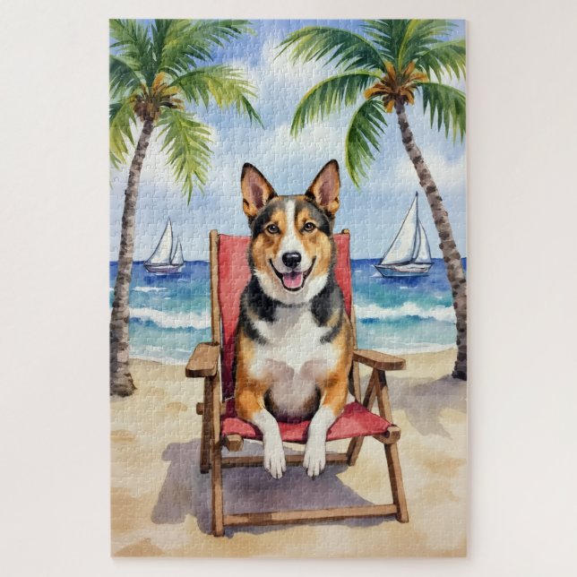 Puzzle Scène de plage avec un chien de berger australien (Vertical)