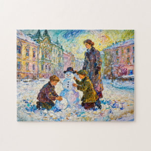 Puzzle Scène de square hivernal impressionniste avec enfa