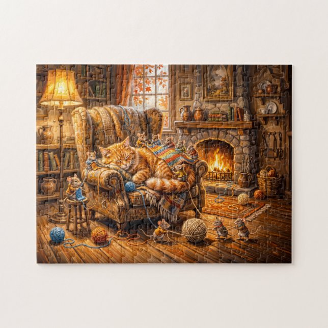 Puzzle Scène de tricot douillet de chat et de souris (Horizontal)