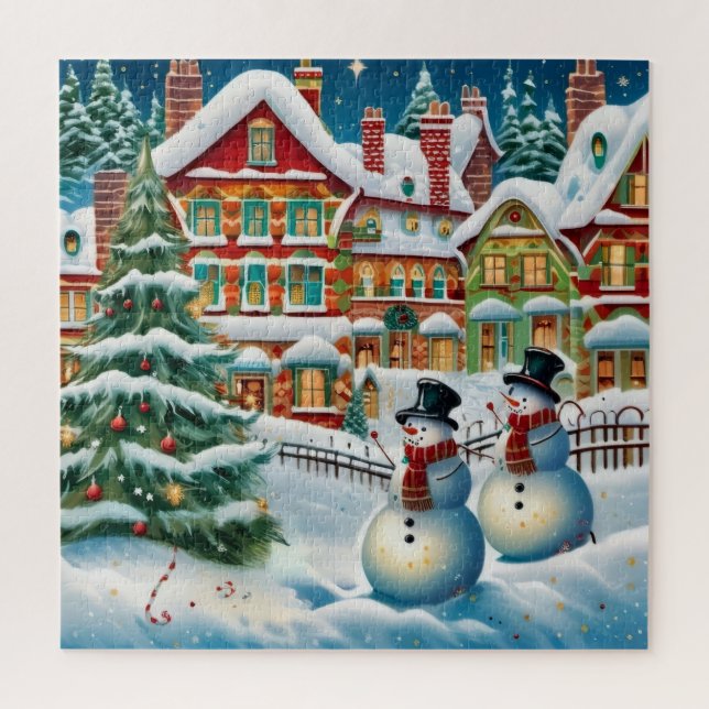 Puzzle Scène de village enneigé et festive. (Vertical)
