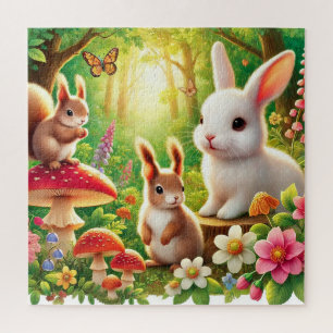 Puzzle Scène fantaisiste de forêt avec lapins, écureuils