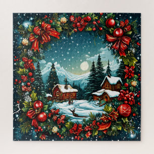Puzzle Scène festive de cabane d'hiver près de la couronn