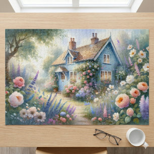 Puzzle Scène florale de maison bleue de jardin de campagn