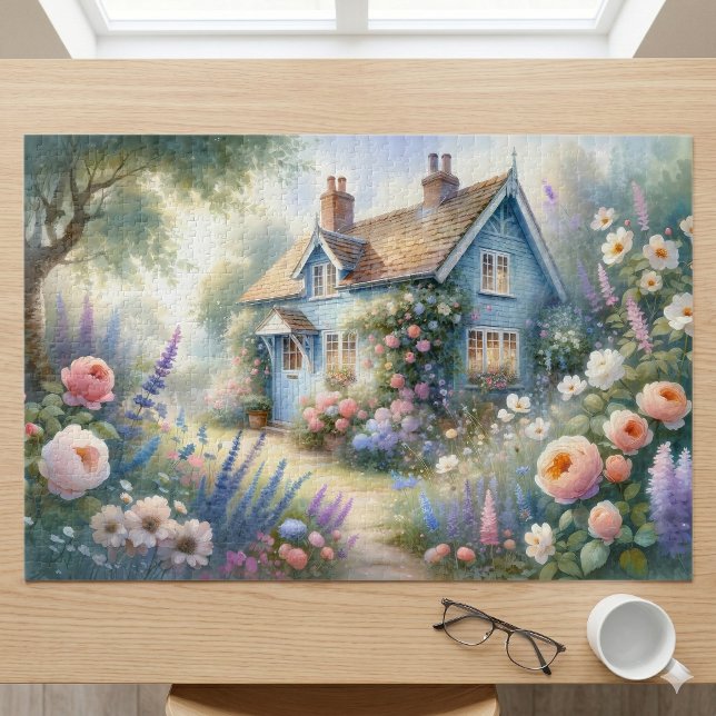 Puzzle Scène florale de maison bleue de jardin de campagn (Pastel Cottage Garden Blue House Floral Scene Jigsaw Puzzle On Wood Table)