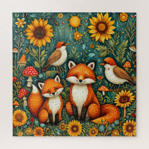 Puzzle Scène forestière avec renards, oiseaux, tournesols